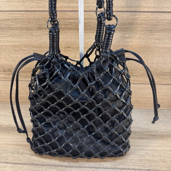 Topshop Woven Shoulder‎ Bag Black Mesh Net Drawstring Boho Tote Purse Women's - Picture 4 of 9